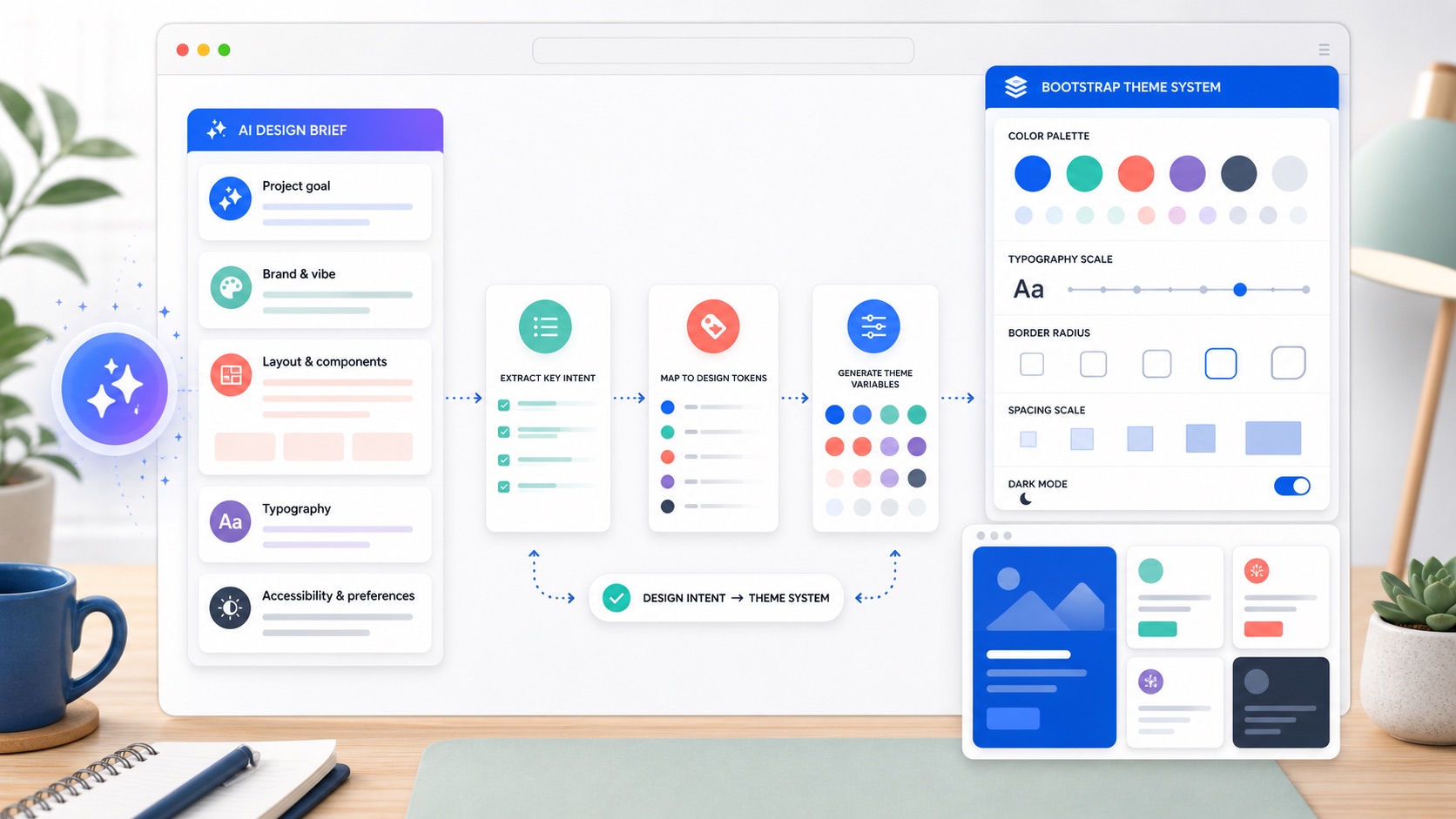 AI prompt cards flowing into Bootstrap theme controls, color swatches, typography settings, and preview components