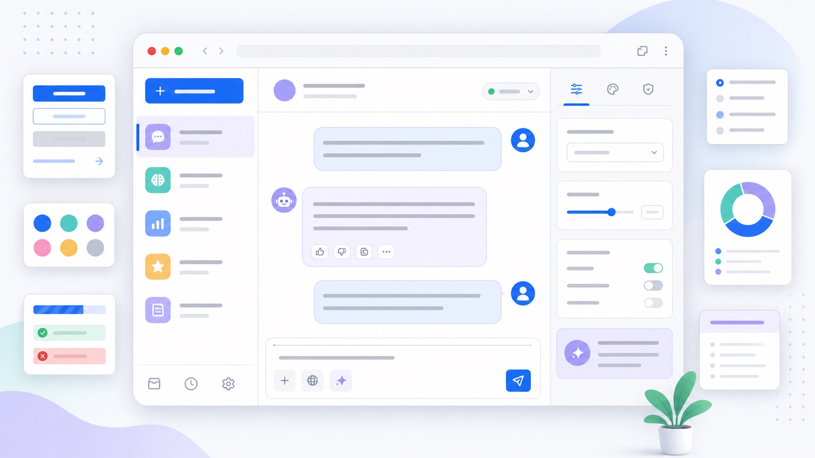 A friendly Bootstrap-style AI chat interface with message bubbles, composer, side panels, status controls, and dashboard cards